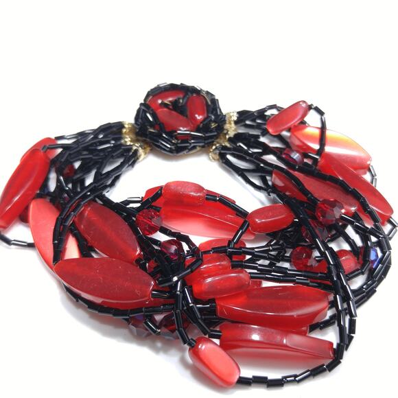 Vintage 1950s Red Black 15 Strand Beaded Bracelet Lucite AB Crystal Glass Beads - Picture 7 of 10